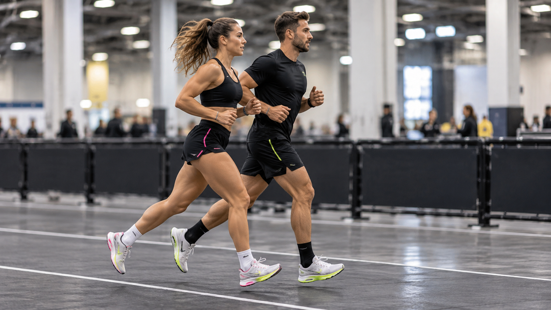 Duo mixte courant côte à côte pendant une course de fitness hybride