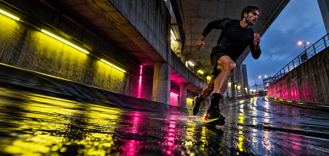 Coureur accélérant sous un passage urbain pendant sa préparation HYROX