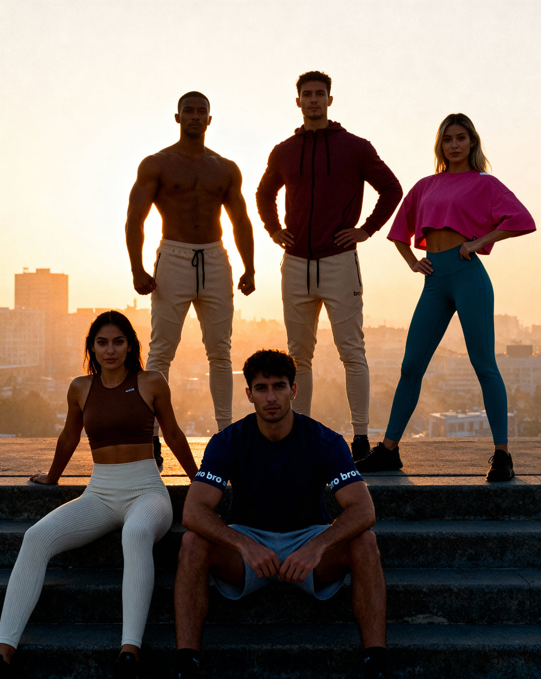 Groupe d'athlètes hommes et femmes au lever du soleil en tenue BRO Apparel